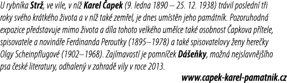 U rybn ka Str , ve vile, v n  Karel  apek (9. ledna 1890 – 25. 12. 1938) tr vil posledn  t i roky sv ho kr tk ho  iv...