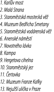 1. Karl v most 2. Mal Strana 3. Starom stsk  mosteck  v   4. Muzeum Bed icha Smetany 5. Starom stsk  vod rensk  v   ...